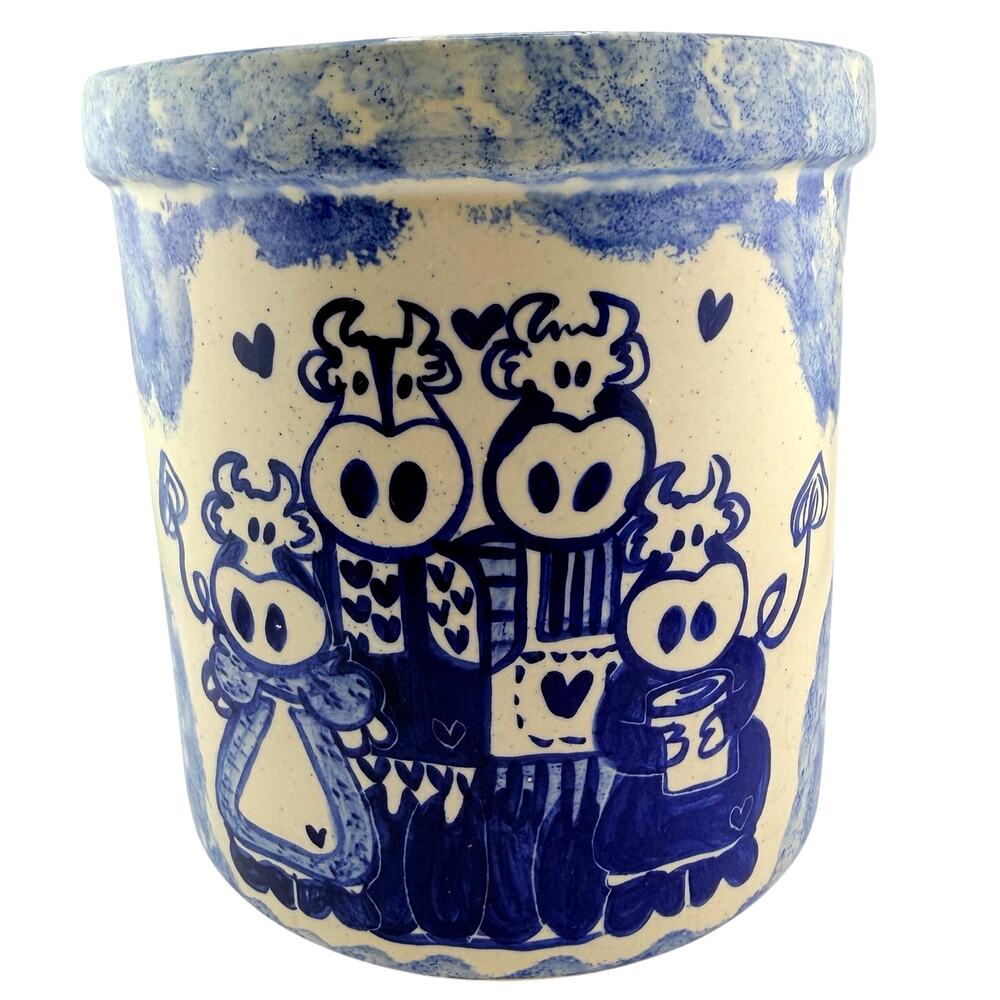 Spongeware Cow Utensil Crock Signed CMD 1993 Blue Cottagecore Farmhouse Vintage